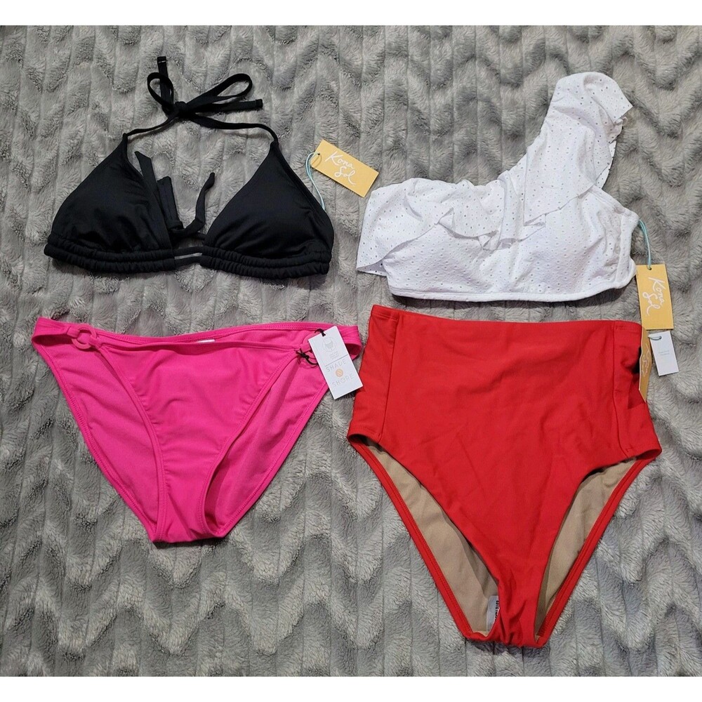 Womens Size M Mix & Match Bikini Top Bottoms Red Black White Lot Of 4 NWT